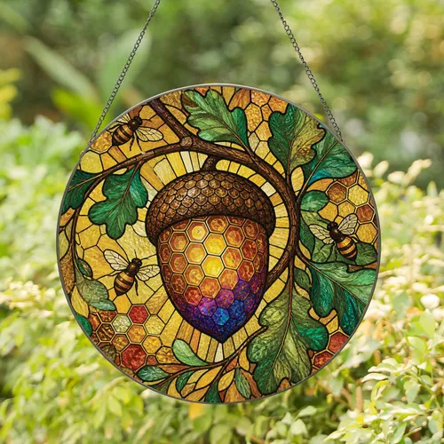 Acorn And Bees Stained Glass Window Accent Decor For Garden Homes And Nature Lovers Stained Glass Suncatcher