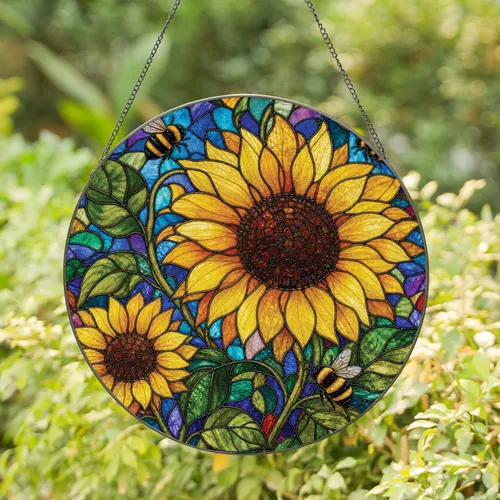 Sunflower and Bee Stained Glass Window Accent for Spring Decor and Garden Lovers Stained Glass Suncatcher