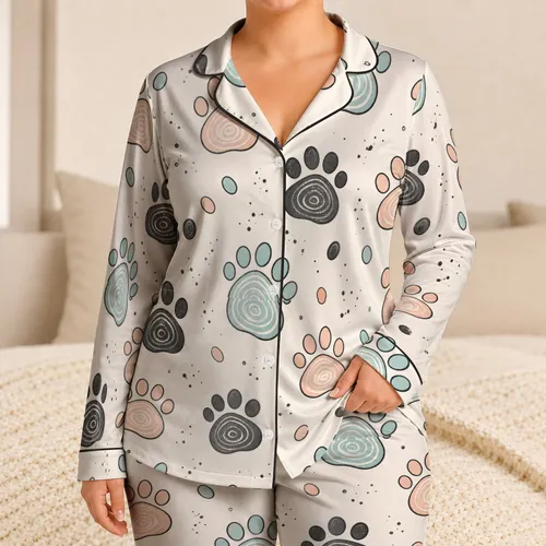 Hand Drawn Aqua Peach And Charcoal Paw Motifs For Cozy Pet Lover Sleepwear Gifts Satin Pajamas Set