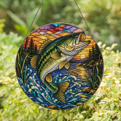 Leaping Bass Stained Glass Window Accent for Lake House Cabin and Fishing Lodge Stained Glass Suncatcher