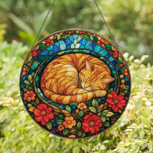 Sleeping Orange Tabby In Floral Mosaic For Cozy Home Decor And Cat Lover Accent Gift Stained Glass Suncatcher