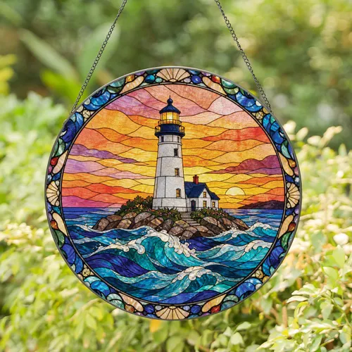 Lighthouse Sunset Stained Glass Coastal Window Decor for Ocean Home and Nautical Gifts Stained Glass Suncatcher