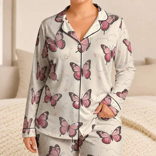 Pink Butterfly Botanical Motif for Relaxing Bedtime and Thoughtful Gifts for Women Satin Pajamas Set