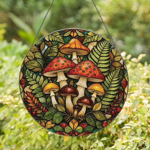 Mushroom Garden Stained Glass Window Accent for Cottage Home and Nature Lovers Year-Round Stained Glass Suncatcher