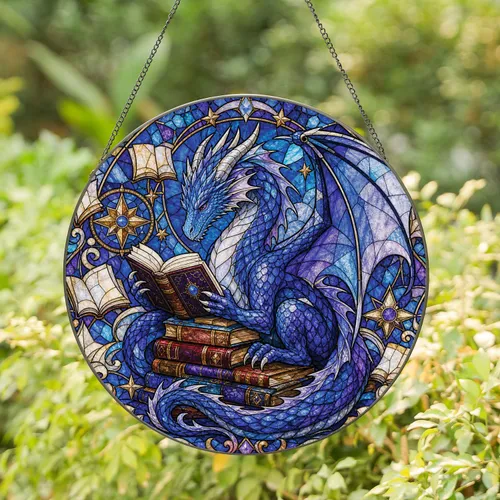 Wise Dragon Reading Stained Glass Window Decor for Book Lovers and Fantasy Home Decor Stained Glass Suncatcher