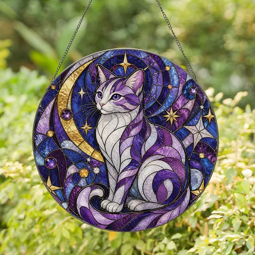 Purple Cat Stained Glass Window Decor for Cat Lovers, Gothic Home and Garden Accent Stained Glass Suncatcher