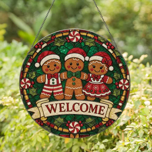 Christmas Gingerbread Welcome Window Accent For Holiday Home Decor, Gift For Hosts Stained Glass Suncatcher
