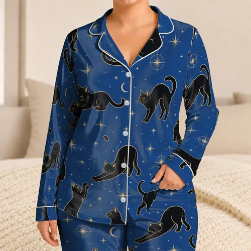Black Cat Constellation Night Sky Style For Cozy Evenings At Home For Cat Lovers Satin Pajamas Set