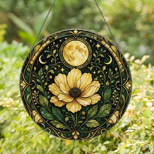 Moonlit Wildflower Stained Glass Window Decor for Cottage and Witchy Home Lovers Stained Glass Suncatcher