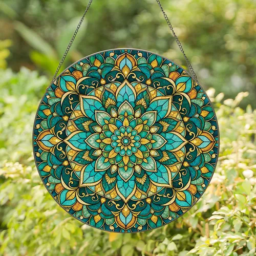 Teal Gold Floral Mandala Wall Decor For Living Room, Boho Home, And Garden Accent Charm Stained Glass Suncatcher