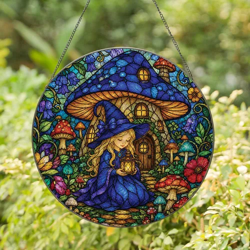 Mushroom Cottage Fairy Girl Lantern Window Decor for Cozy Cottagecore Homes Gift Stained Glass Suncatcher