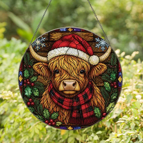 Highland Cow Christmas Decor For Farmhouse Holiday Gift, Rustic Cabin Wall Accent Stained Glass Suncatcher