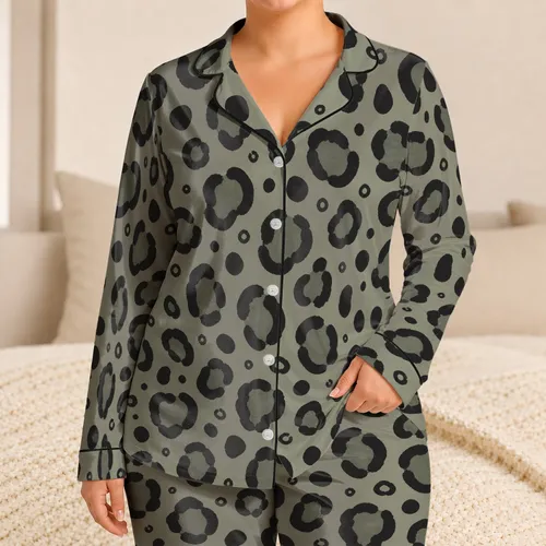 Sage Leopard Spot Loungewear For Relaxed Evenings, Weekend Travel And Women At Home Satin Pajamas Set