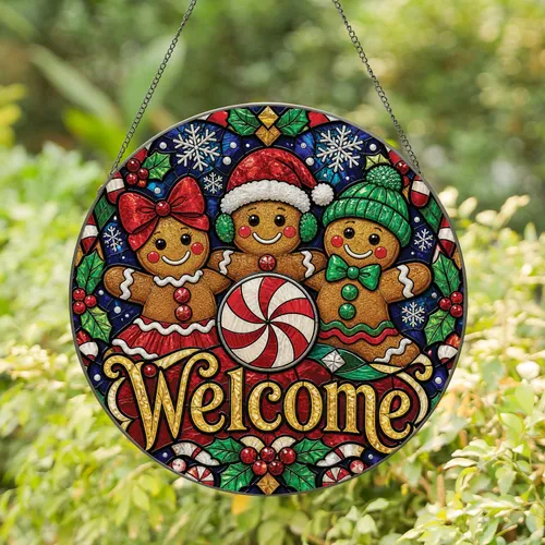 Gingerbread Friends Welcome Holiday Accent For Christmas Home Decor And Gifting Stained Glass Suncatcher
