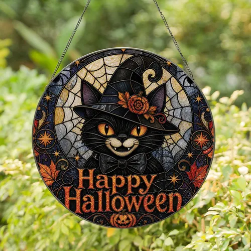 Black Cat Halloween Decor For Spooky Autumn Home, Witch Hat Cat Gift For Cat Lovers Stained Glass Suncatcher