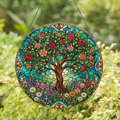 Tree Of Life Floral Stained Glass Window Accent For Home Garden Kitchen Decor Gift Stained Glass Suncatcher