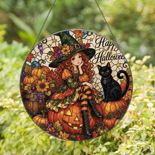 Stained Glass Witch Cat Pumpkin Scene For Halloween Autumn Home Decor Gift Accent Stained Glass Suncatcher