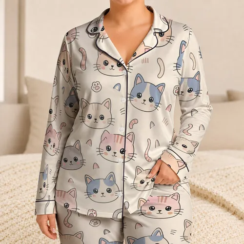 Pastel Cat Face Allover Sleepwear for Cozy Family Lounging Satin Pajamas Set