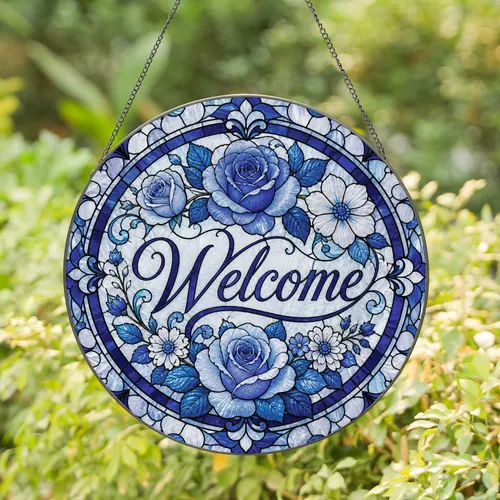 Blue And White Floral Welcome Sign For Cottage Entry, Porch, And Home Decor Accent Stained Glass Suncatcher