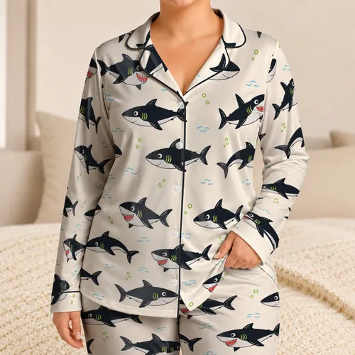 Playful Black And Lime Sharks For Cozy All Season Home Lounging Women Satin Pajamas Set