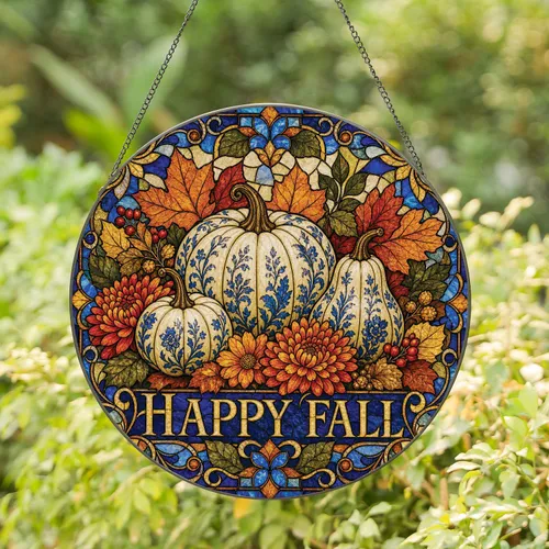 Autumn Harvest Pumpkin Stained Glass Window Accent For Fall Kitchen And Home Decor Stained Glass Suncatcher
