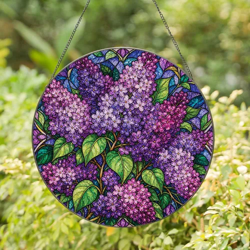 Purple Lilac Bouquet Stained Glass Spring Accent For Cottage Garden Home Decor Fans Stained Glass Suncatcher