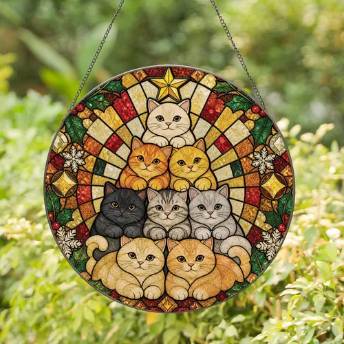 Christmas Cat Tree Window Hanging for Holiday Home Decor, Stained Glass Style Gift Stained Glass Suncatcher
