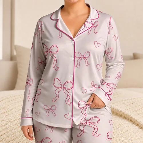 Pink Ribbon Bows And Hearts For Romantic Sleepwear Gifts For Women Satin Pajamas Set