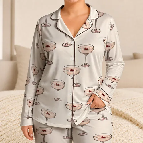 Champagne Coupe Glasses With Cherries For Elegant Lounge Nights And Bridal Weekends Satin Pajamas Set