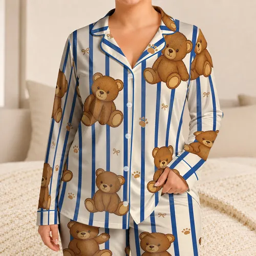 Cinnamon Teddy Bears On Cobalt Blue Stripes For Cozy Bedtime And Lounge Gifts For Women Satin Pajamas Set