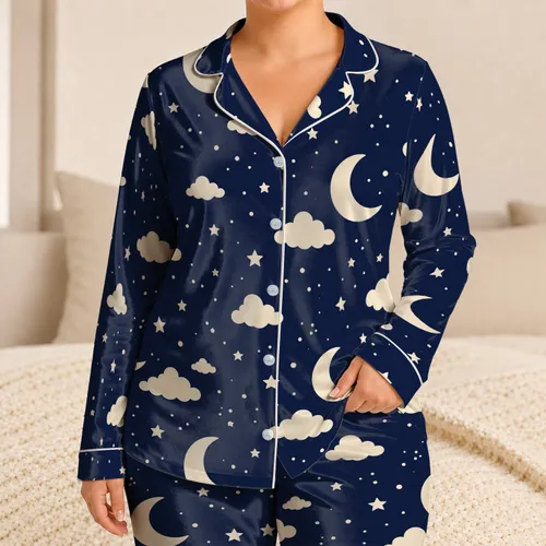 Ivory Crescent Moons And Clouds For Cozy Bedtime Nights At Home For Little Girls Satin Pajamas Set