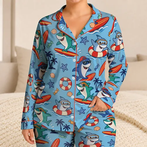Smiling Surfing Sharks With Life Rings For Beach Sleepovers And Ocean Loving Kids Satin Pajamas Set