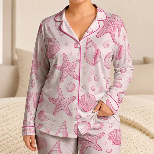 Pink Seashell And Starfish Coastal Motifs For Relaxed Evenings And Beach Lovers At Home Satin Pajamas Set
