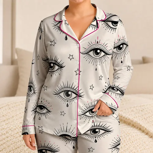 Mystical Eye And Star Motif For Dreamy Alternative Sleepwear Style Satin Pajamas Set