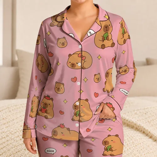 Cute Capybara Hearts And Stars For Cozy Lounging And Sweet Everyday Style For Women Satin Pajamas Set