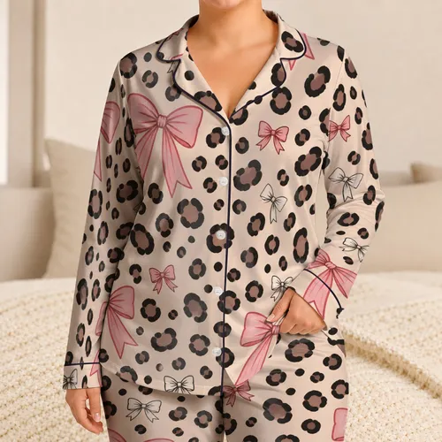 Pink Bow And Leopard Rosette Motif For Cozy Nights, Sleepovers And Relaxing At Home Satin Pajamas Set