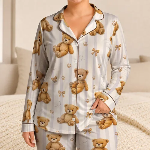 Cozy Teddy Bears Lavender Stripes for Sleepovers, Lounging and Gift Giving for Women Satin Pajamas Set