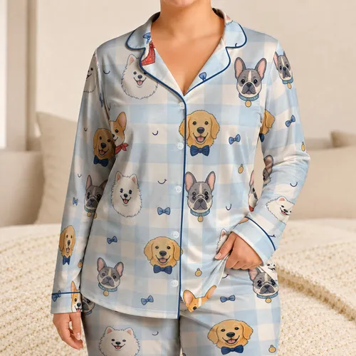 Cheerful Dog Portraits on Sky Blue Gingham for Cozy Nights and Dog Lovers at Home Satin Pajamas Set