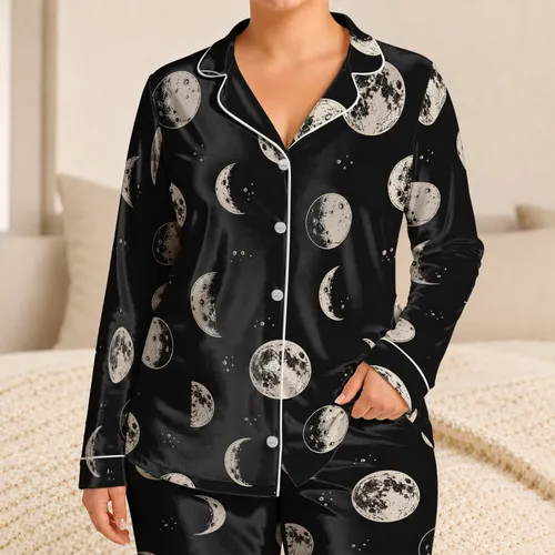 Ivory Moon Phases on Charcoal Lunar Night Gift for Cozy Evenings and Stargazing Women Satin Pajamas Set