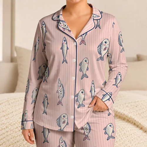 Nautical Fish With Pink Pinstripes For Coastal Getaways And Relaxed Morning Style Satin Pajamas Set