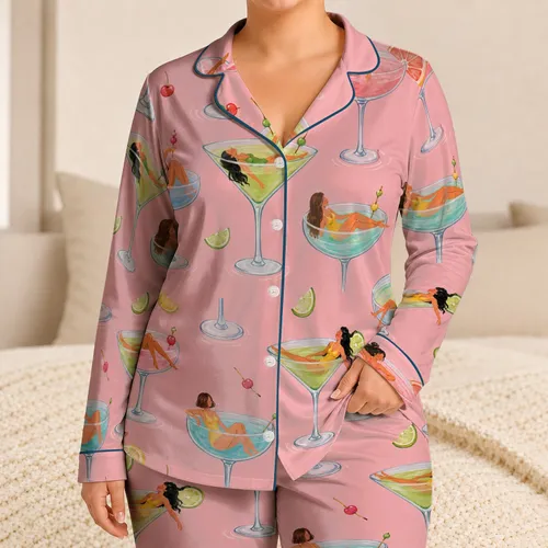 Watercolor Cocktail Glasses With Lounging Women For Summer Resort Getaways And Relaxing Satin Pajamas Set