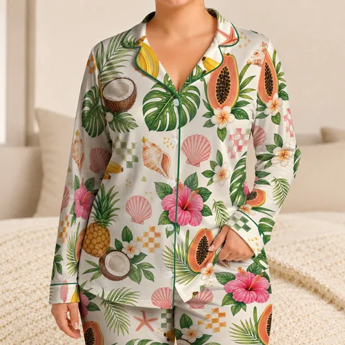 Tropical Pineapple Papaya Hibiscus And Palm Leaves For Vacation Lounging Women Gift Satin Pajamas Set