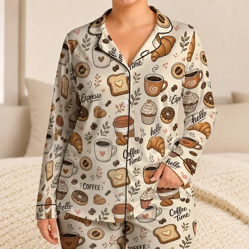 Retro Coffee Cups Croissants And Donuts For Cozy Morning Lounge Lovers And Cafe Fans Satin Pajamas Set