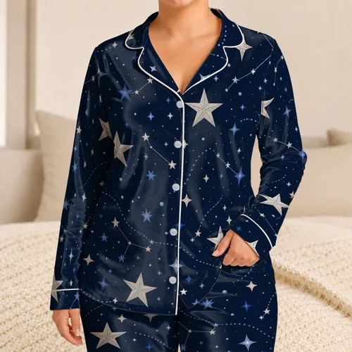 Midnight Navy Celestial Stars For Cozy Bedtime Lounging And Evening Relaxation Women Satin Pajamas Set