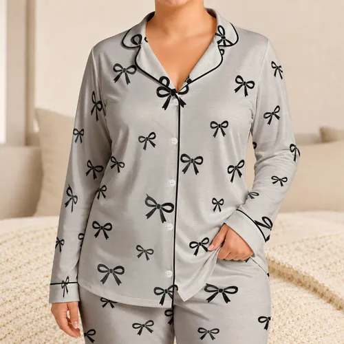 Black Ribbon Bow Motif for Cozy Lounging, Sleepovers and Relaxing at Home for Women Satin Pajamas Set