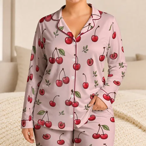 Hand Drawn Red Cherry Motifs for Cozy Spring Nights and Relaxed Home Lounging at Home Satin Pajamas Set