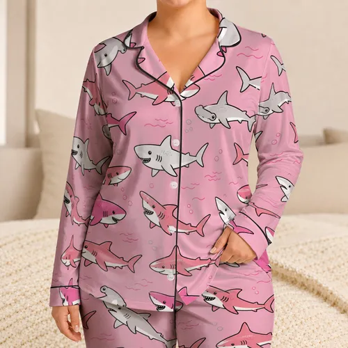 Pink Cartoon Sharks Ocean Motif for Beach Sleepovers and Cozy Lounging for Women Gifts Satin Pajamas Set