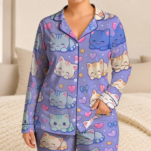 Kawaii Cats Hearts And Stars Cozy Sleepwear For Girls Bedtime Lounging Satin Pajamas Set
