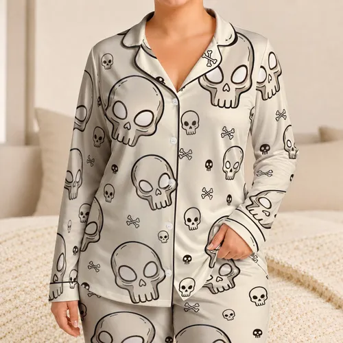Elegant Halloween Skull Motif For Cozy Family Fall Nights And Matching Looks Satin Pajamas Set