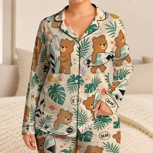 Tropical Bear Surfboard Cartoon For Summer Lounging And Coastal Travel Gifts For Men Satin Pajamas Set
